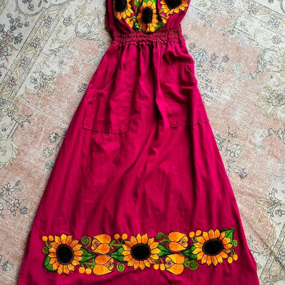 Vintage hippy boho pink sunflower embroidered off the shoulder maxi sun dress